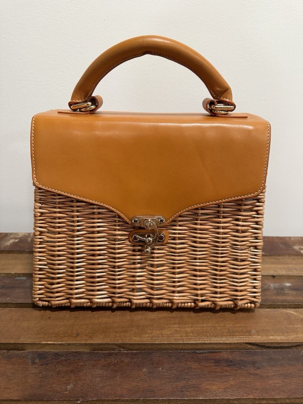J. McLaughlin Rattan Wicker Handbag Brown Leather Top Handle Summer Bag